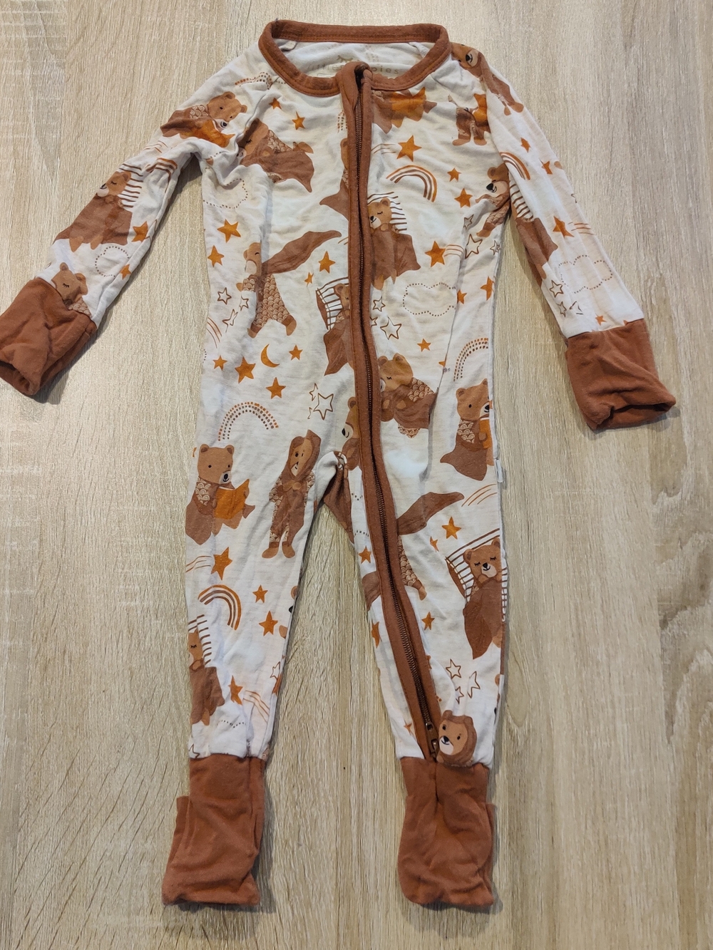 Little Sleepies Cream and Brown Bear Print Footed One-Piece Size 0-3mo